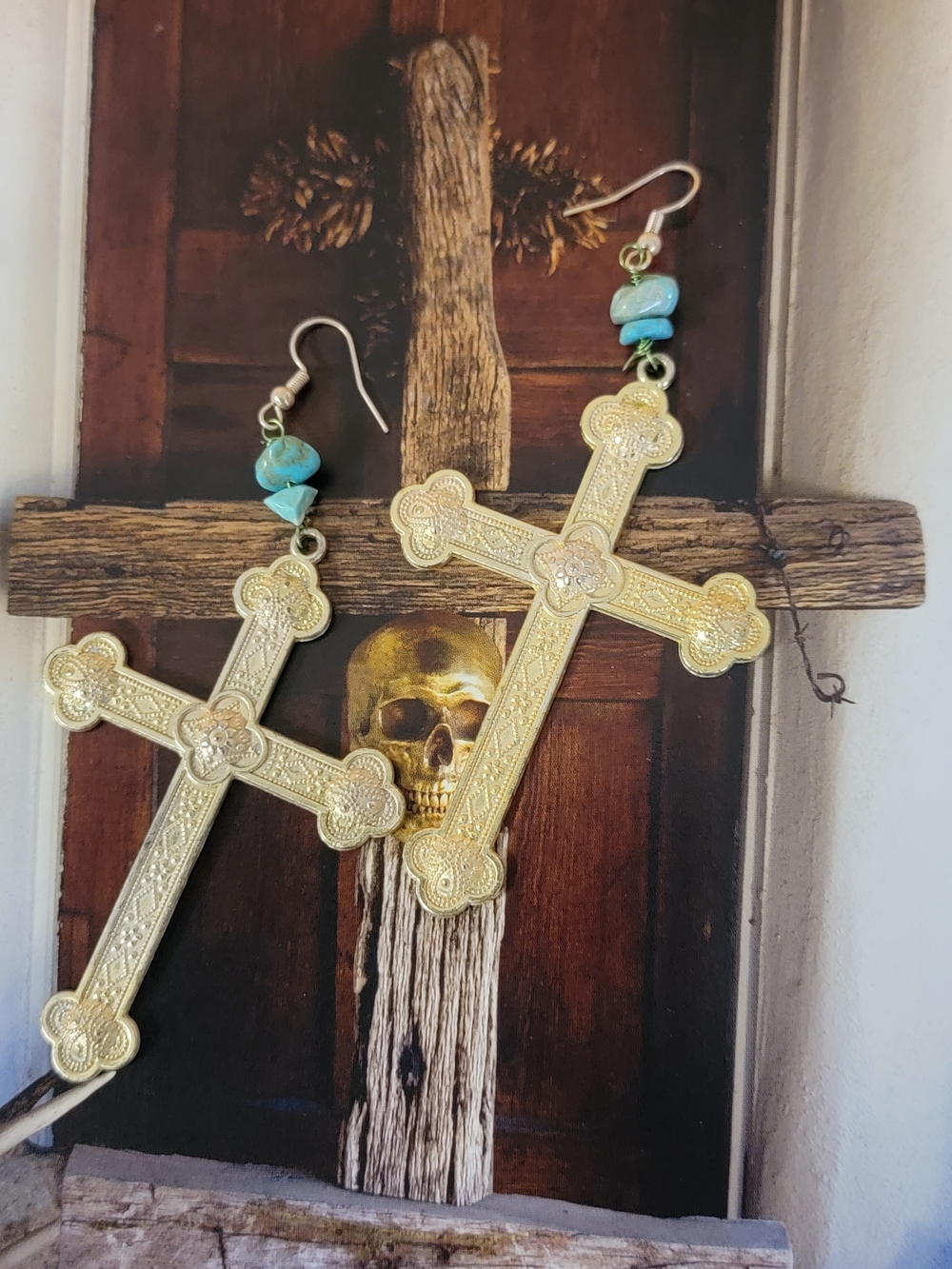 Eccentric Cross Earrings with Turquoise Nuggets - Handmade